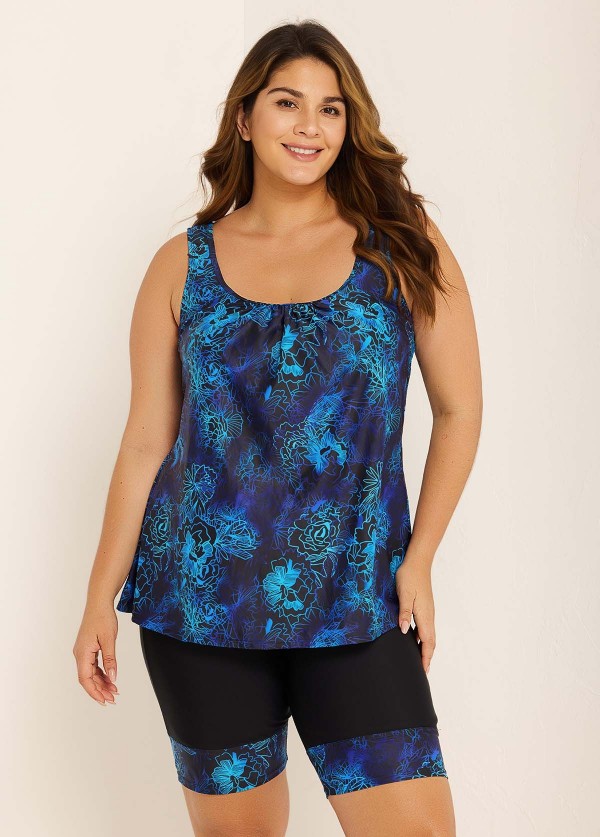Curvy Blue Floral Modest And Sporty Swimsuit And Swimwear Tankini Set