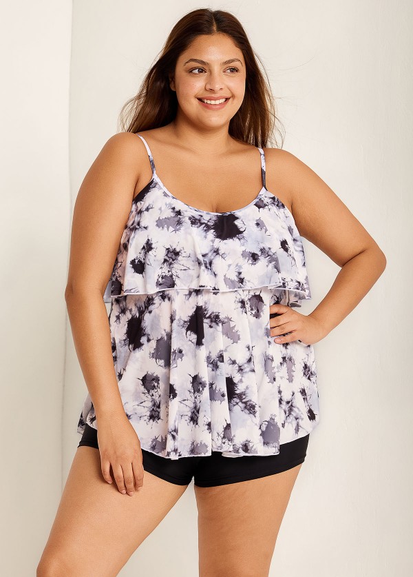 Plus Size Tie Dye Ruffle Hem Tankini Top