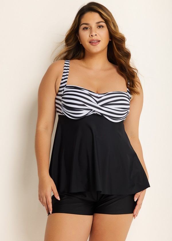 Classic Modest Black Stripe Twist Front Tankini Top