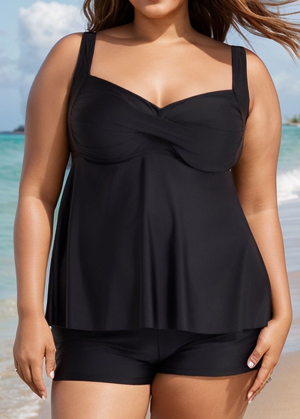 Black Twist Front Plus Size Modest Fashion Tankini Swimsuit Top