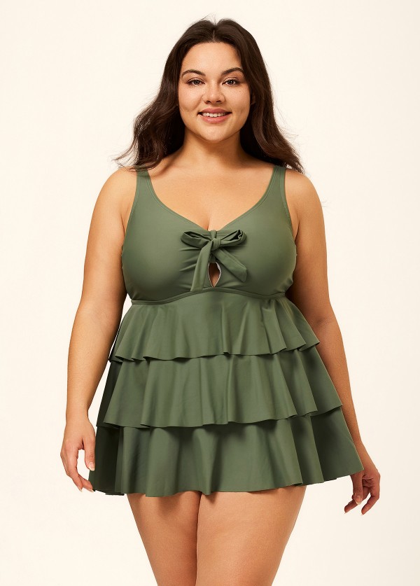 Green Knotted Front Ruffle Tiered Elegant Tankini Top