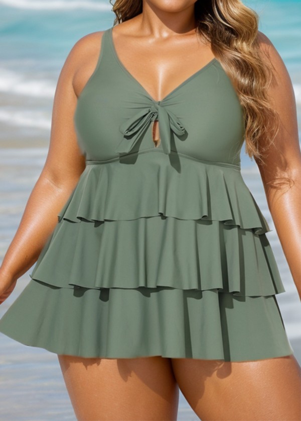 Green Knotted Front Ruffle Tiered Elegant Tankini Top
