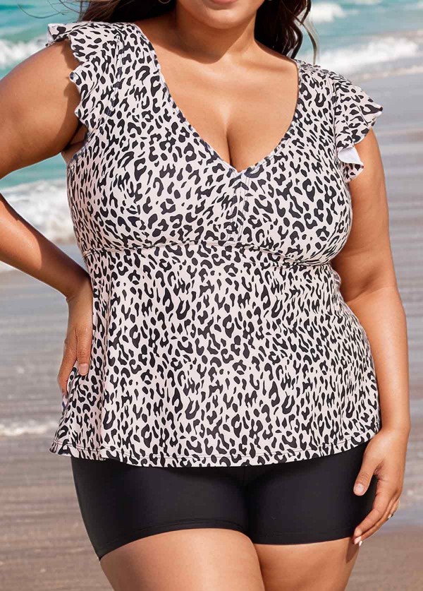 Leopard Print V Neck Ruffle Sleeve Plus Size Women Tankini Top