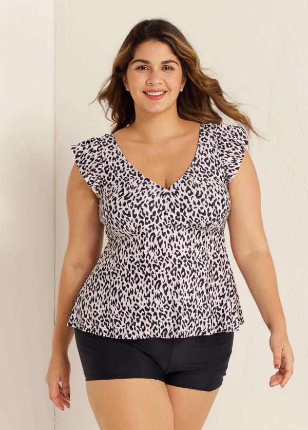 Leopard Print V Neck Ruffle Sleeve Plus Size Women Tankini Top