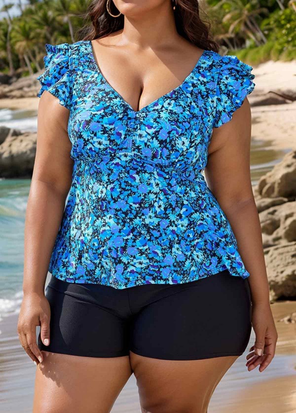 Blue Floral Print V Neck Ruffle Sleeve Plus Size Tankini Top