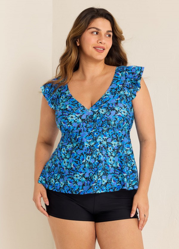 Blue Floral Print V Neck Ruffle Sleeve Plus Size Tankini Top