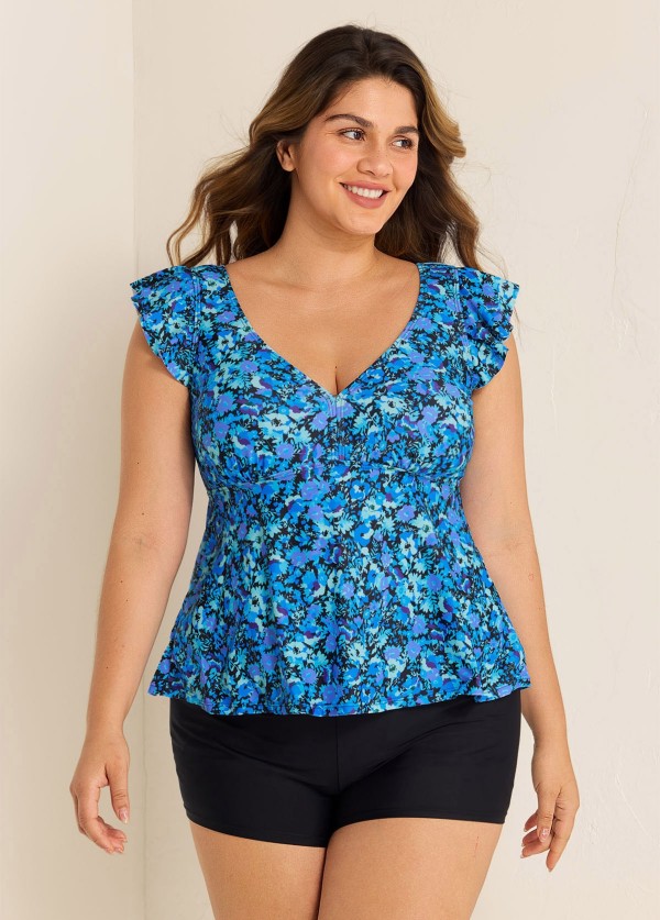Blue Floral Print V Neck Ruffle Sleeve Plus Size Tankini Top