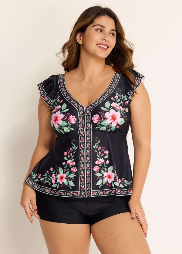 Black Floral V Neck Ruffled Sleeve Curvy Swimsuit Tankini Top