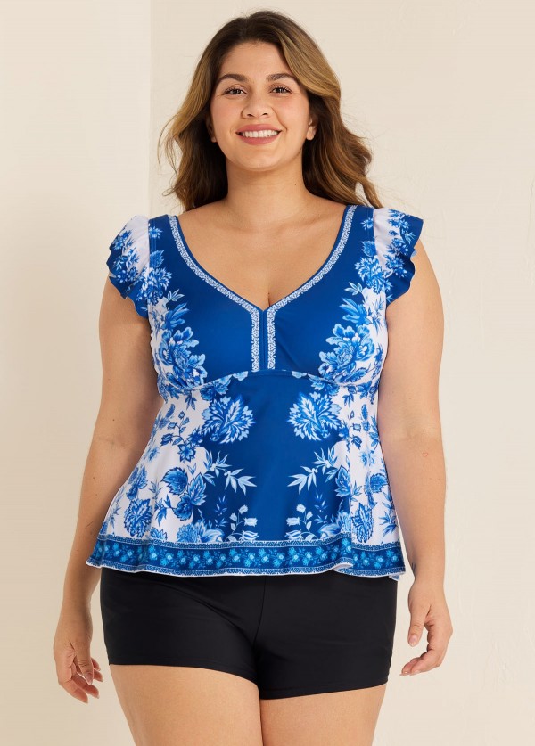 Plus Size  Blue And White Ruffle Sleeve Swimwear Bathing Suits Tankini Top