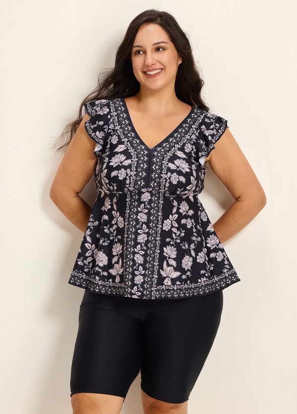 Yellow Floral Print V Neck Cap Sleeves Vintage Ruffle Plus Size Women's Swimsuit Tankini Top