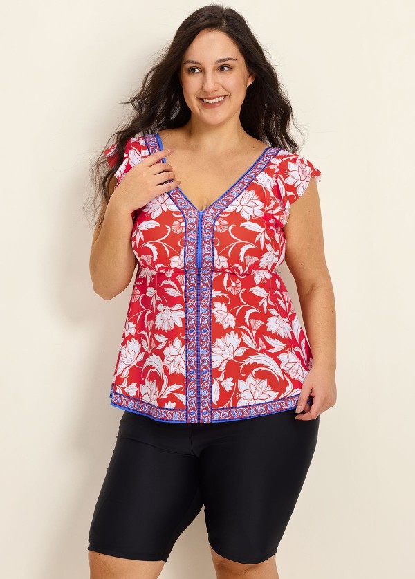 Red Floral V Neck Cap Sleeves Vintage Padded Ruffle Curvy Women's Swimsuit Tankini Top