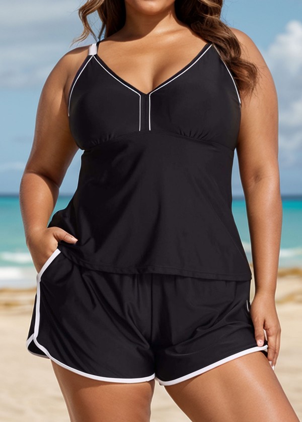 Black And White Sporty Comfortable Plus Size Tankini Top