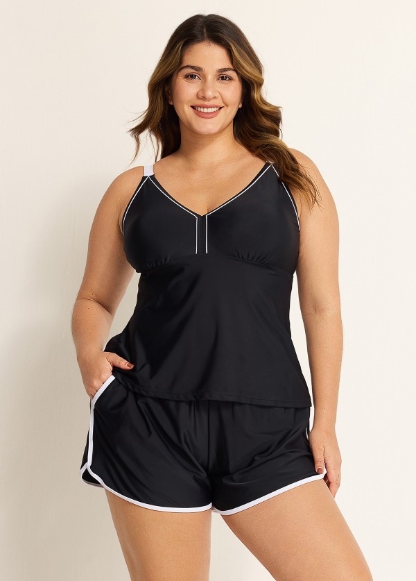 Black And White Sporty Comfortable Plus Size Tankini Top