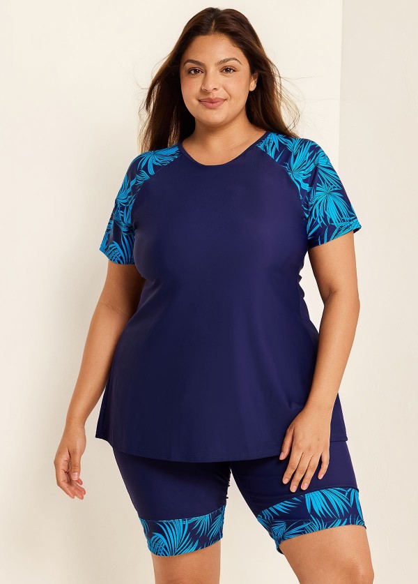 Blue Plants Pullover Short Sleeve Modest Plus Size Fashion Casual Tankini Set