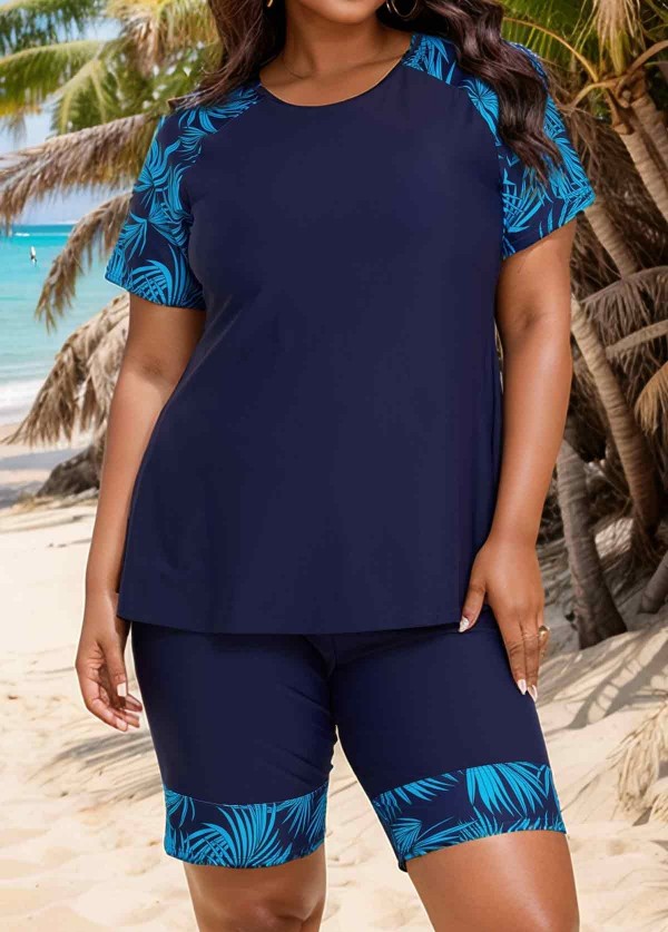 Blue Plants Pullover Short Sleeve Modest Plus Size Fashion Casual Tankini Set