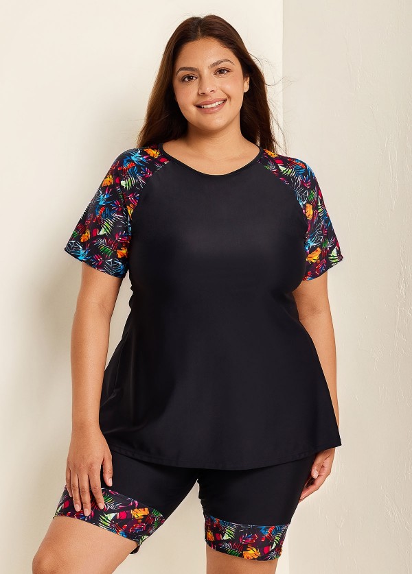 Black Plants Pullover Short Sleeve Modest Plus Size Fashion Casual Tankini Set