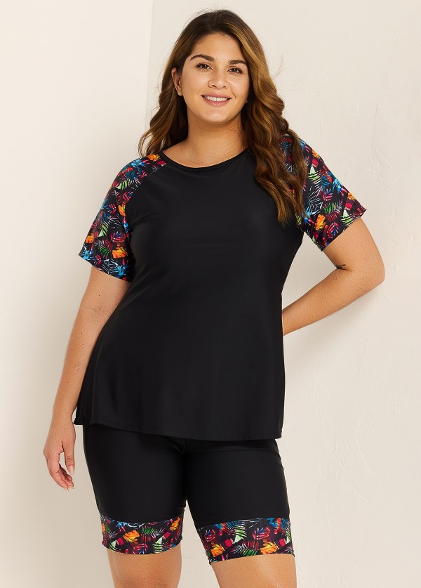 Black Plants Pullover Short Sleeve Modest Plus Size Fashion Casual Tankini Set