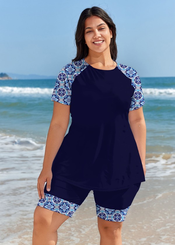 Plus Size Navy Geometric Print Short Sleeve Swimsuits Tankini Set