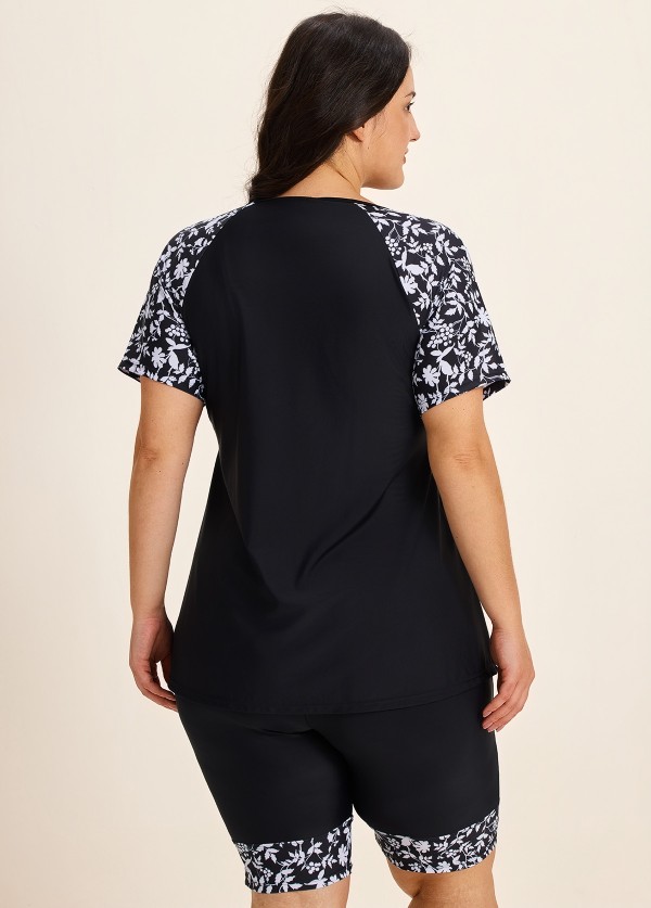 Plus Size Black Floral High Neck Upf50+ Short Sleeves Swimsuit Shirt Two Piece Tankini Set