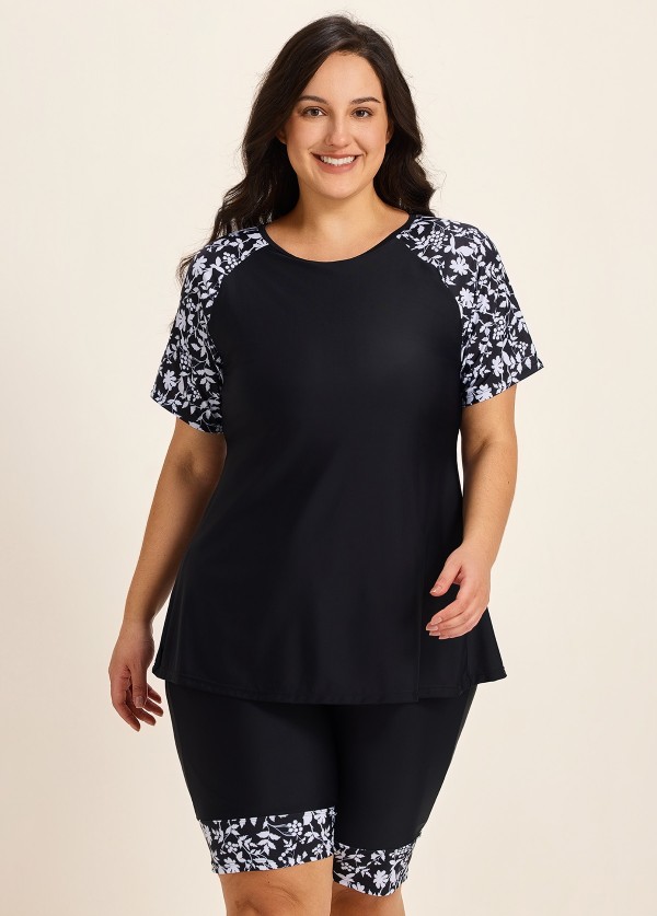 Plus Size Black Floral High Neck Upf50+ Short Sleeves Swimsuit Shirt Two Piece Tankini Set