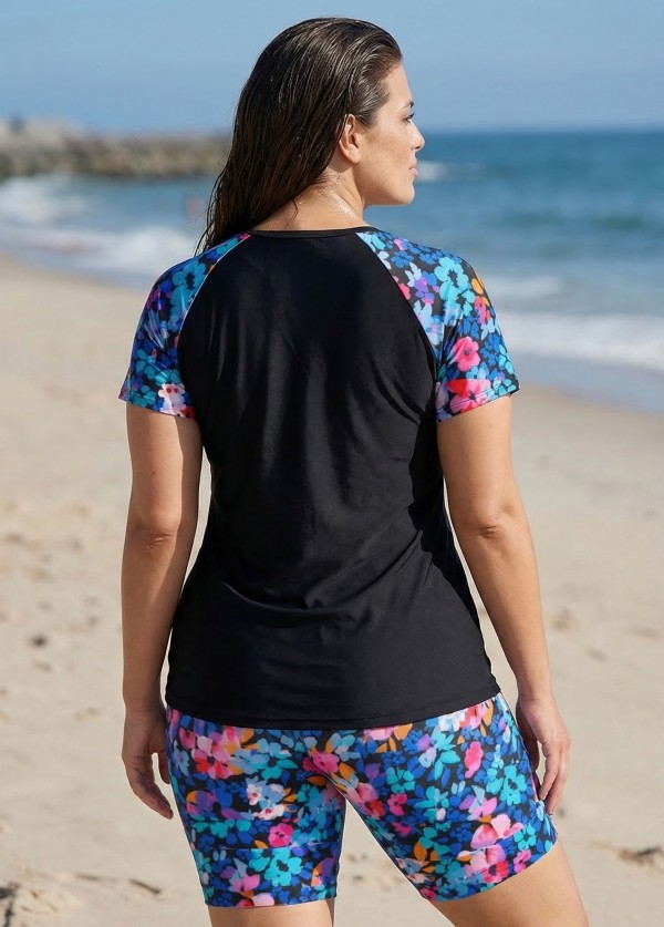 Curvy Pink Floral High Neck Upf50+ Short Sleeves Swimsuit Shirt Two Piece Tankini Set