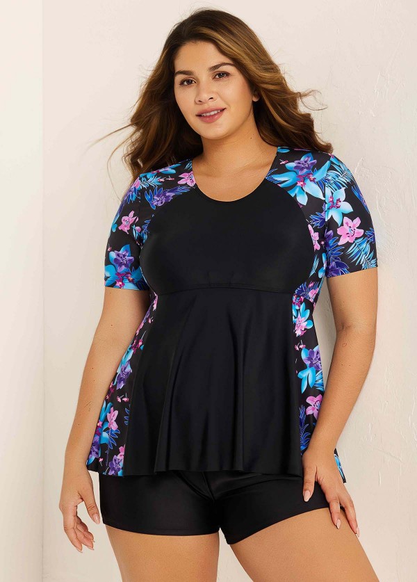 Black Floral Raglan Short Sleeve Waist Shaping Tankini Top