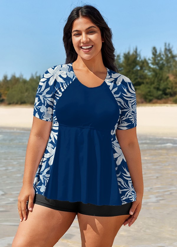 Plus Size Navy Floral Short Sleeve Swimsuit And Swimwear Tankini Top