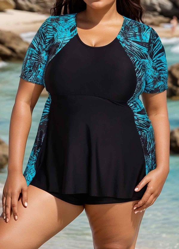 Curvy Green Leaf Print Short Sleeve Swimsuit And Swimwear Tankini Top