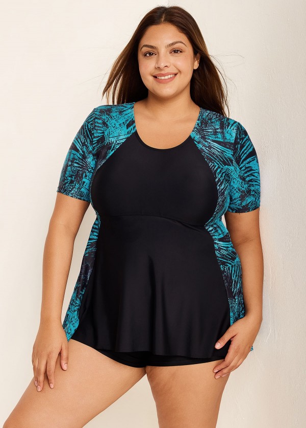 Curvy Green Leaf Print Short Sleeve Swimsuit And Swimwear Tankini Top