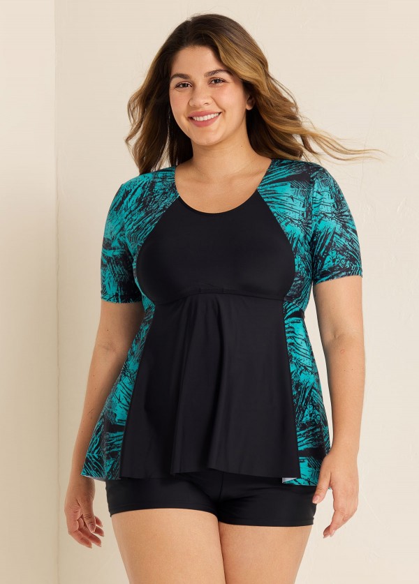 Curvy Green Leaf Print Short Sleeve Swimsuit And Swimwear Tankini Top