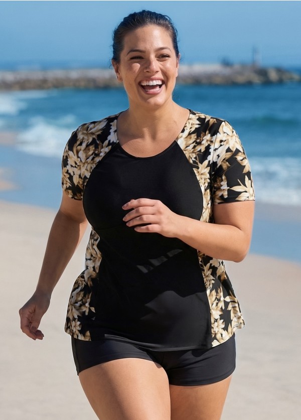 Plus Size Brown Floral Upf50+ Short Sleeves Vintage Women's Swimsuit Shirt Tankini Top