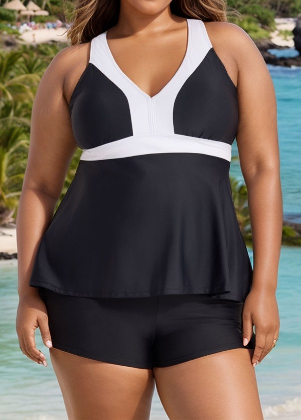 Black And White V Neck Ruffle Fashion Tankin Top