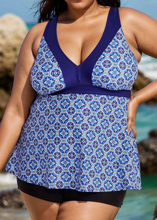 Plus Size Navy Geometric Print Modest Swimwear Bathing Suits Tankini Top