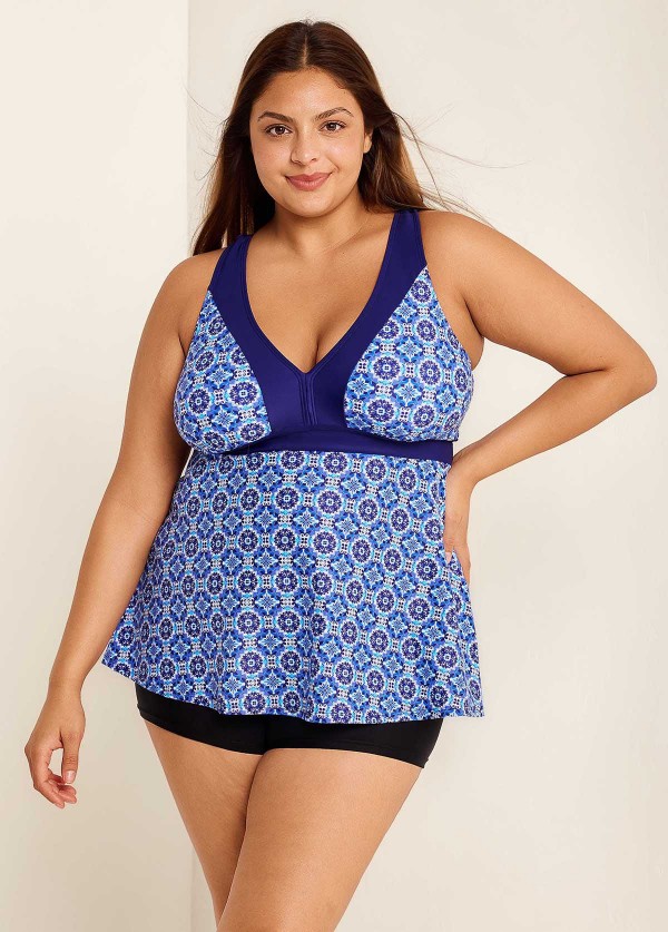 Plus Size Navy Geometric Print Modest Swimwear Bathing Suits Tankini Top