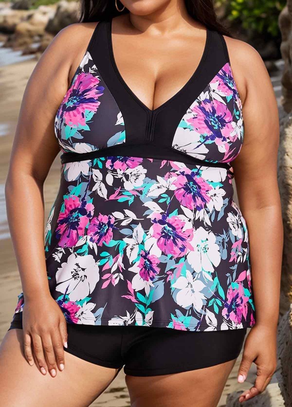 Curvy Purple Floral Modest Swimsuit And Swimwear Tankini Top