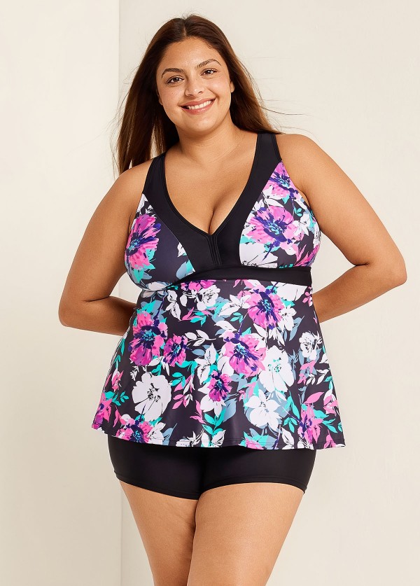 Curvy Purple Floral Modest Swimsuit And Swimwear Tankini Top