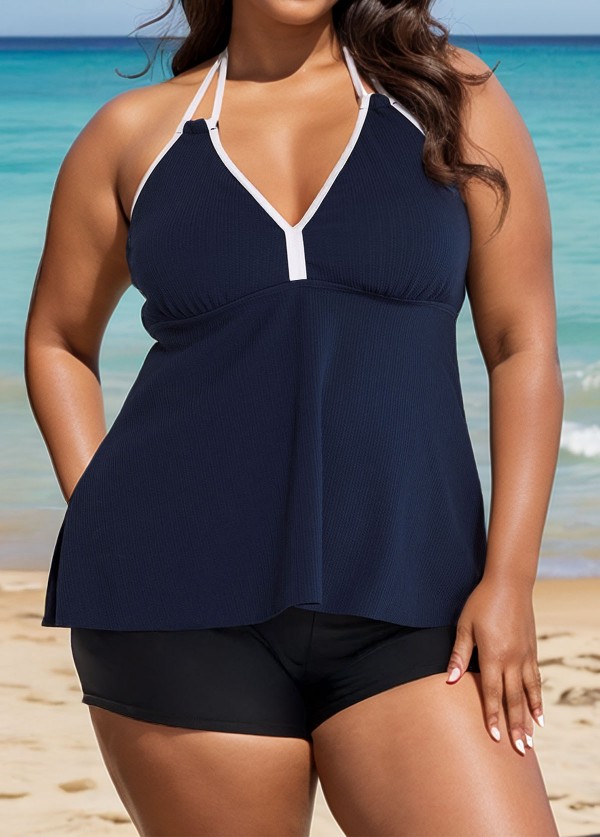 Navy And White V Neck Halter Plus Size Tankini Top