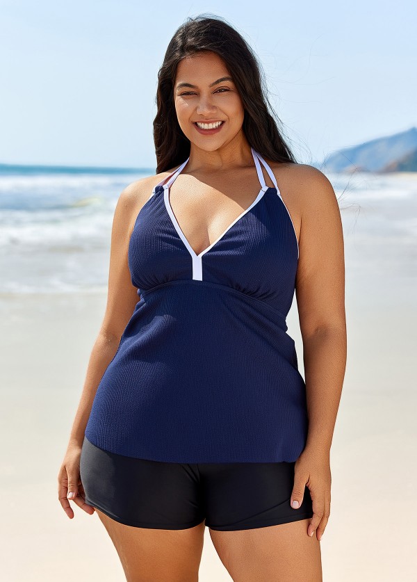 Navy And White V Neck Halter Plus Size Tankini Top