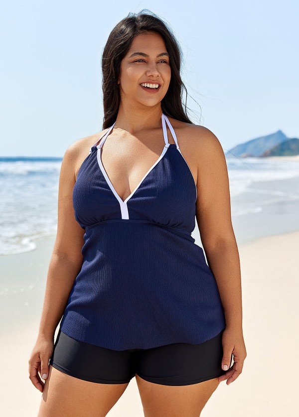 Navy And White V Neck Halter Plus Size Tankini Top