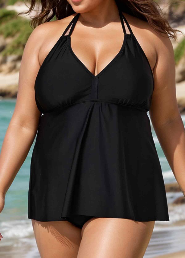 Black V Neck Halter Plus Size Modest Tankini Swimsuit Top