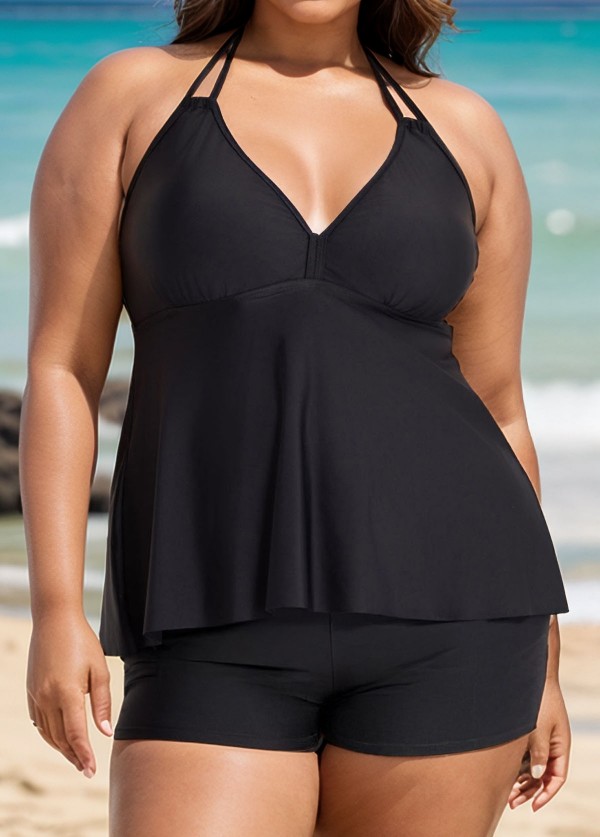 Black V Neck Halter Plus Size Modest Tankini Swimsuit Top