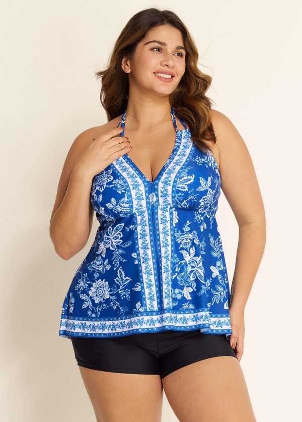 Curvy Blue And White Floral Double Straps Halter V Neck Swimsuit Tankini Top