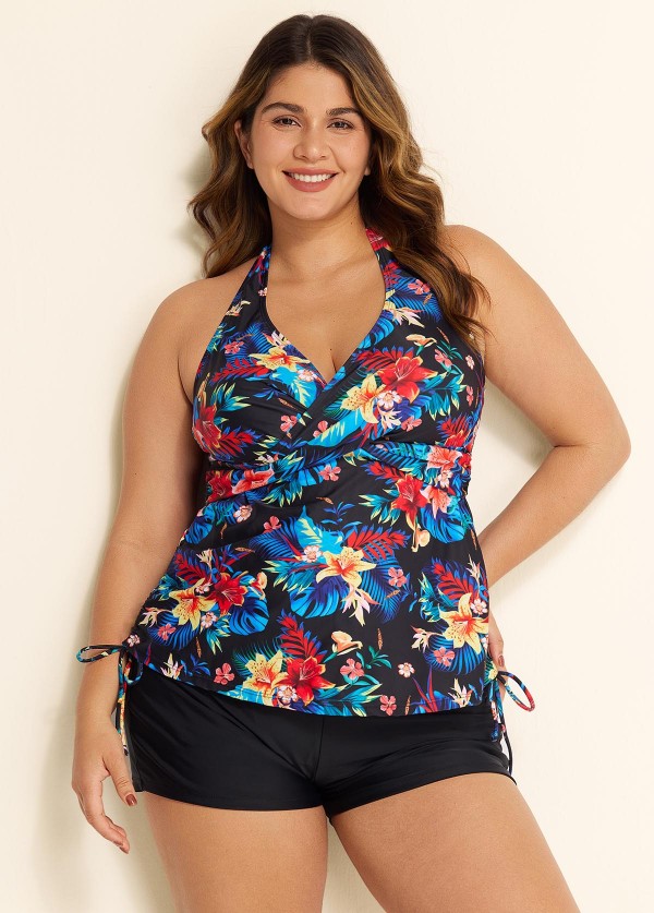 Tropical Floral Cross Front With Side Drawstring Tankini Set