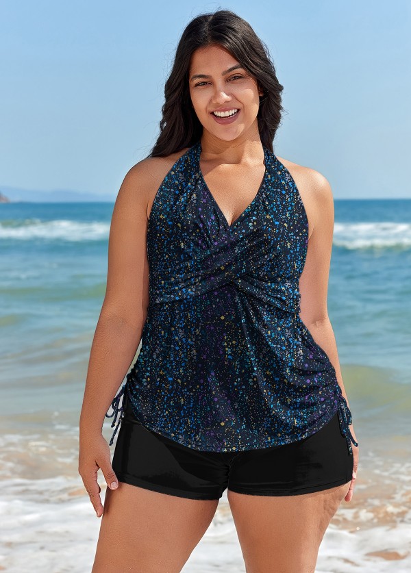 Navy Dot Print Drawstring Plus Size Swimsuit Swimwear Tankini Top