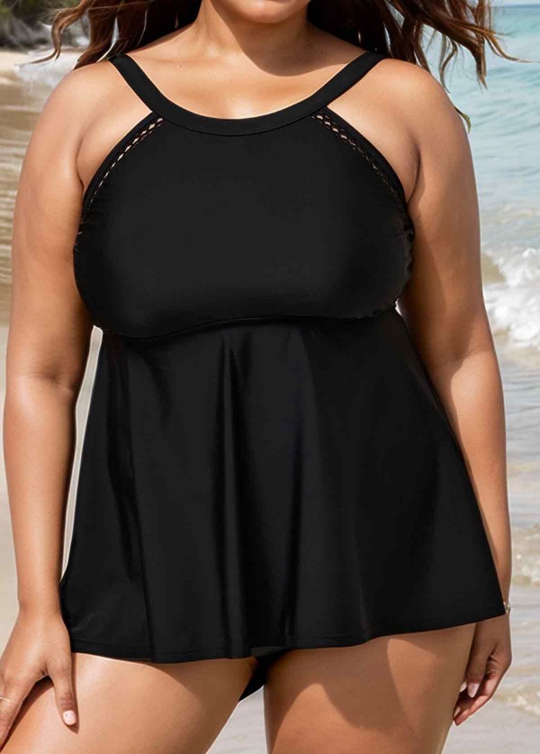Black Scoop Neck Cutout Edge Plus Size Modest Tankini Swimsuit Top