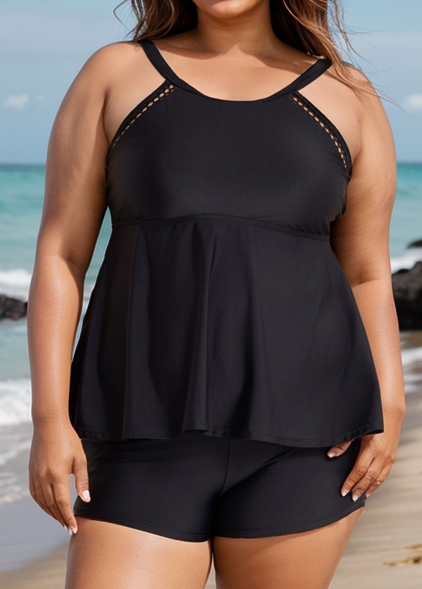 Black Scoop Neck Cutout Edge Plus Size Modest Tankini Swimsuit Top