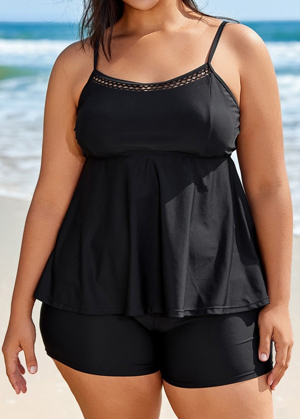 Black Cutout Edge Scoop Neck Plus Size Tankini Top
