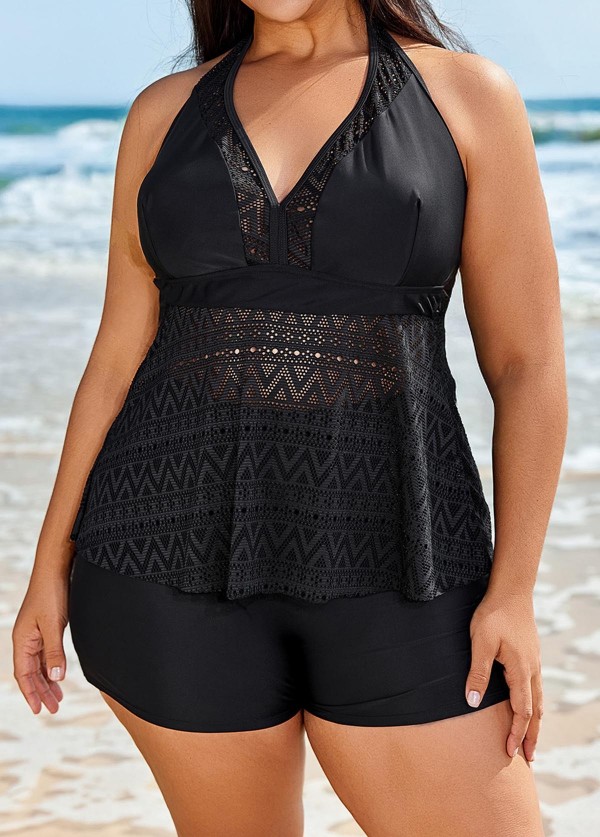 Black V Neck Cut Out Backless Lace Up Tankini Top