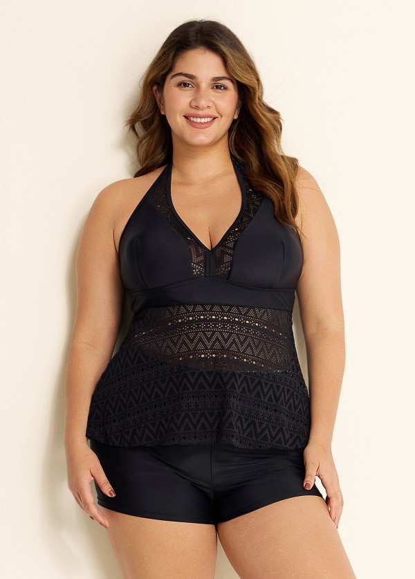 Black V Neck Cut Out Backless Lace Up Tankini Top