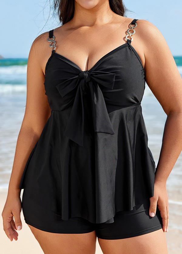 Black V Neck Ring Metal Ruched Front Tankini Top